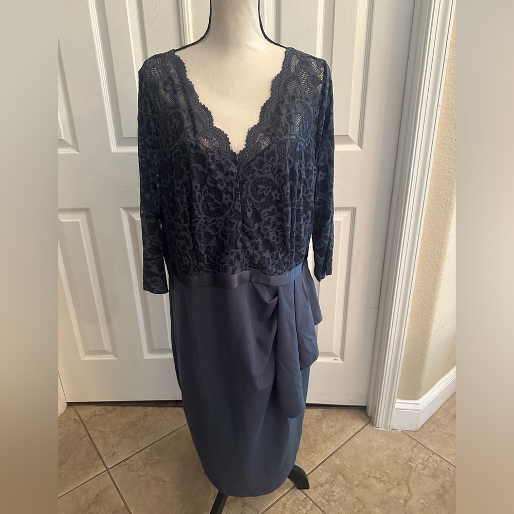 NWT Dark Gray lace bodice dress with back zip and front drape detail by Miusol